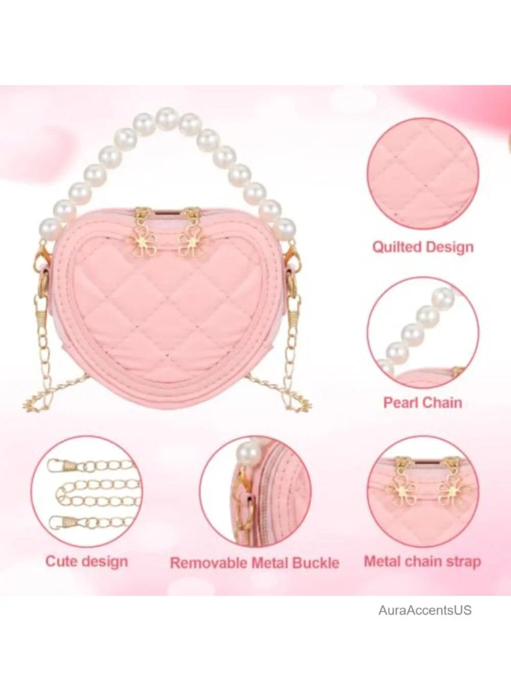 4-Pack Heart Shaped Kids Crossbody Purse with Pearl Handle and Chain Strap, PU